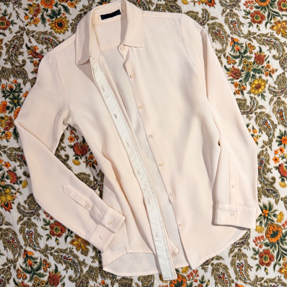 The Row Long Sleeve Silk and Lambskin Trim Button Down Shirt‎ White Cream - Sz 0